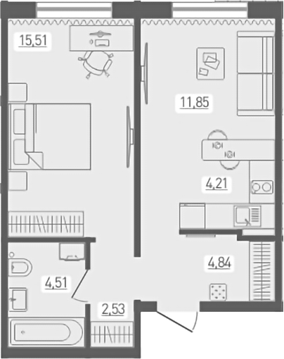 Планировка — Радуга Сибири, 2-комн., 43 м²