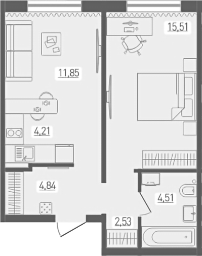Планировка — Радуга Сибири, 2-комн., 43 м²