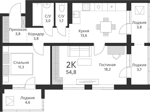 Планировка — Свои люди, 2-комн., 55 м²