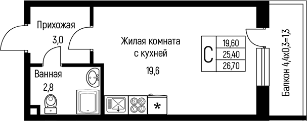 Планировка — Nova Vita, Студия, 27 м²