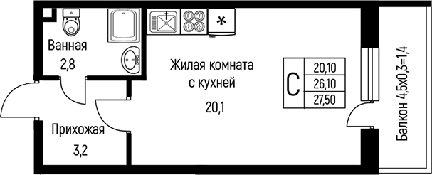 Планировка — Nova Vita, Студия, 28 м²