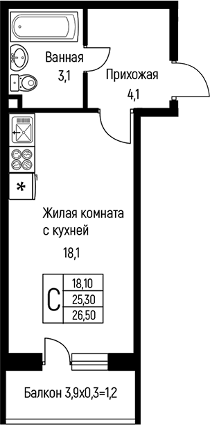 Планировка — Nova Vita, Студия, 28 м²