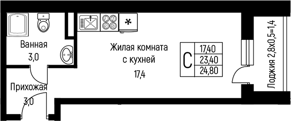 Планировка — Nova Vita, Студия, 25 м²