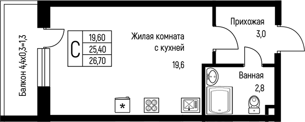 Планировка — Nova Vita, Студия, 27 м²