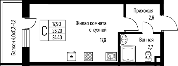 Планировка — Nova Vita, Студия, 25 м²
