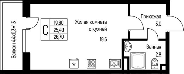 Планировка — Nova Vita, Студия, 27 м²