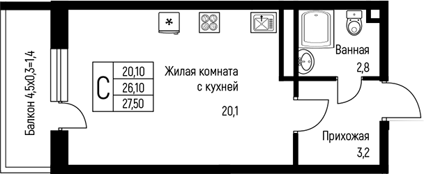 Планировка — Nova Vita, Студия, 27 м²