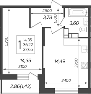 Планировка — Смородина, 1-комн., 36 м²