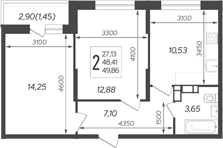 Планировка — Смородина, 2-комн., 48 м²