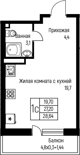 Планировка — Nova Vita, Студия, 27 м²