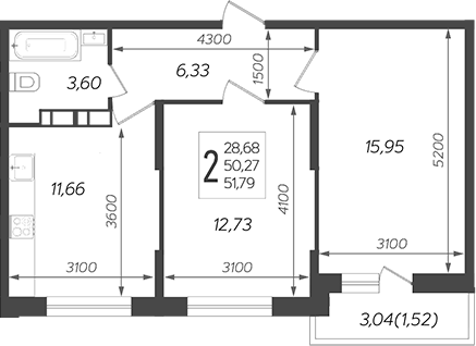 Планировка — Смородина, 2-комн., 50 м²