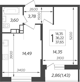 Планировка — Смородина, 1-комн., 36 м²