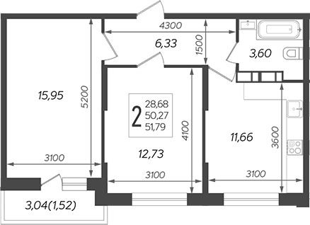 Планировка — Смородина, 2-комн., 50 м²