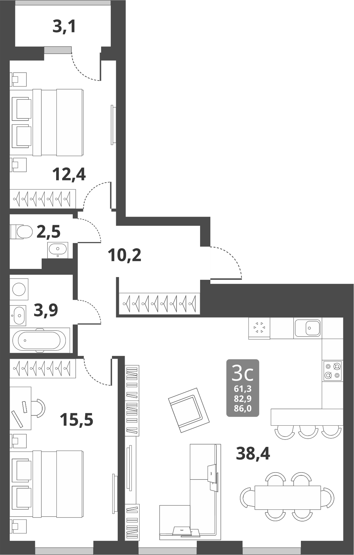 Планировка — Тайгинский парк, 3-комн., 83 м²