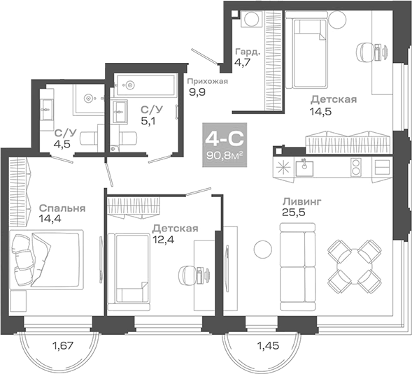 Планировка — Пульсар, 4-комн., 91 м²