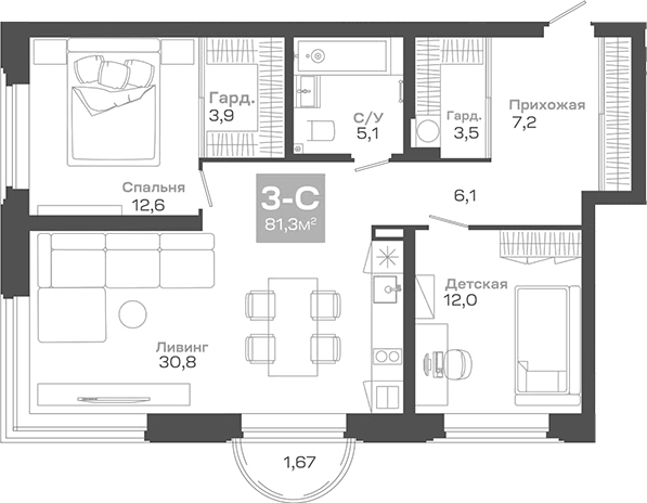Планировка — Пульсар, 3-комн., 81 м²