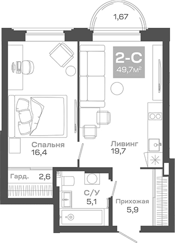 Планировка — Пульсар, 2-комн., 50 м²