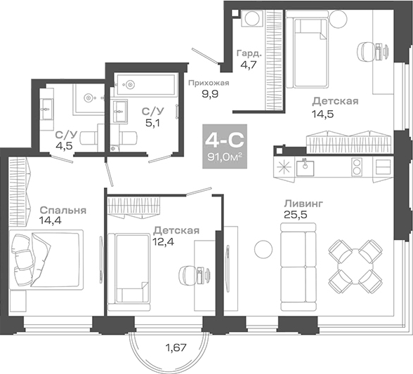 Планировка — Пульсар, 4-комн., 91 м²