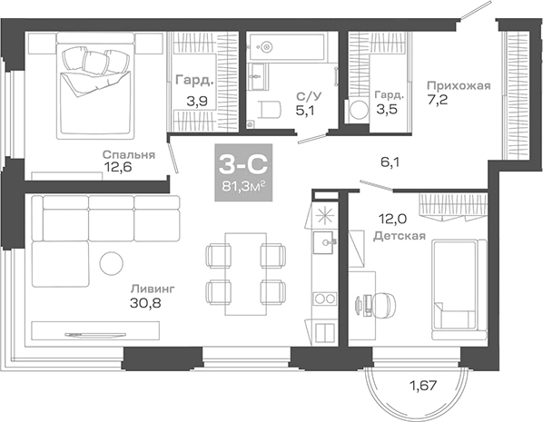 Планировка — Пульсар, 3-комн., 81 м²