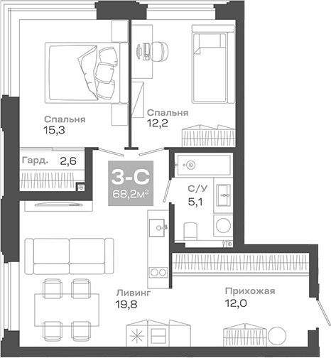 Планировка — Пульсар, 3-комн., 68 м²