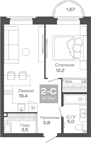Планировка — Пульсар, 2-комн., 48 м²