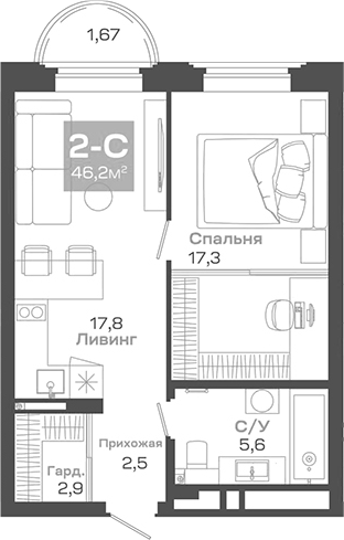 Планировка — Пульсар, 2-комн., 46 м²