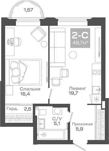 Планировка — Пульсар, 2-комн., 50 м²