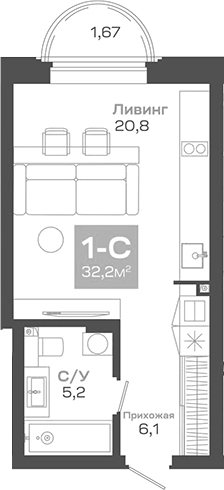 Планировка — Пульсар, Студия, 32 м²