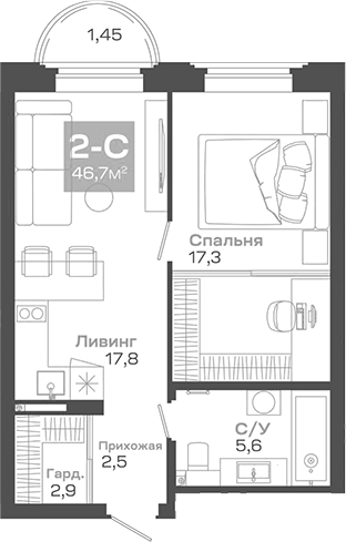 Планировка — Пульсар, 2-комн., 47 м²