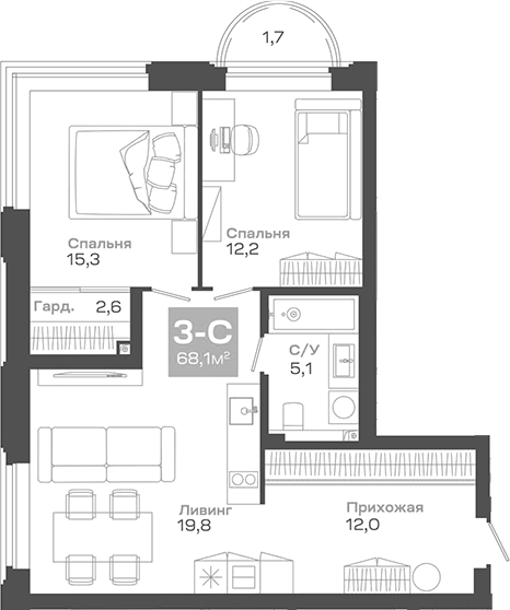 Планировка — Пульсар, 3-комн., 68 м²