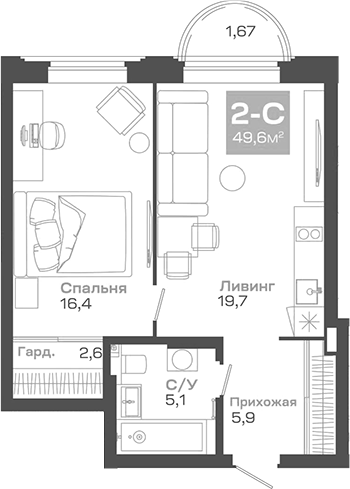 Планировка — Пульсар, 2-комн., 50 м²