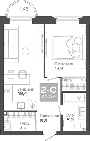Планировка — Пульсар, 2-комн., 48 м²