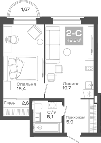 Планировка — Пульсар, 2-комн., 50 м²