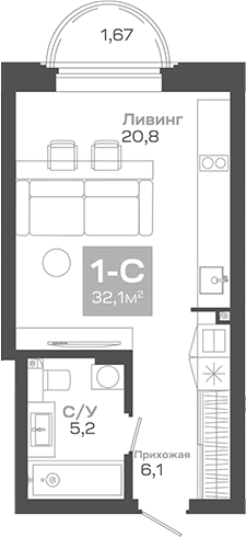Планировка — Пульсар, Студия, 32 м²