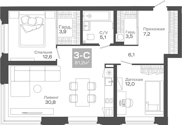 Планировка — Пульсар, 3-комн., 81 м²