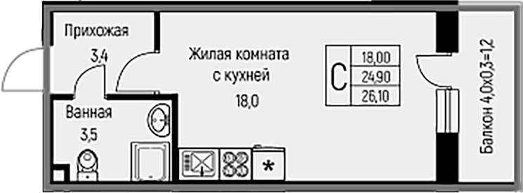 Планировка — Nova Vita, Студия, 25 м²