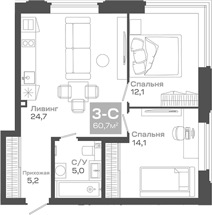 Планировка — Пульсар, 3-комн., 61 м²