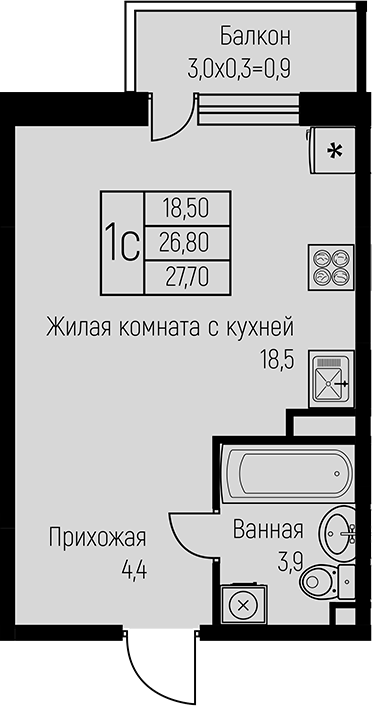 Планировка — Nova Vita, Студия, 27 м²