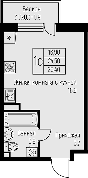 Планировка — Nova Vita, Студия, 25 м²