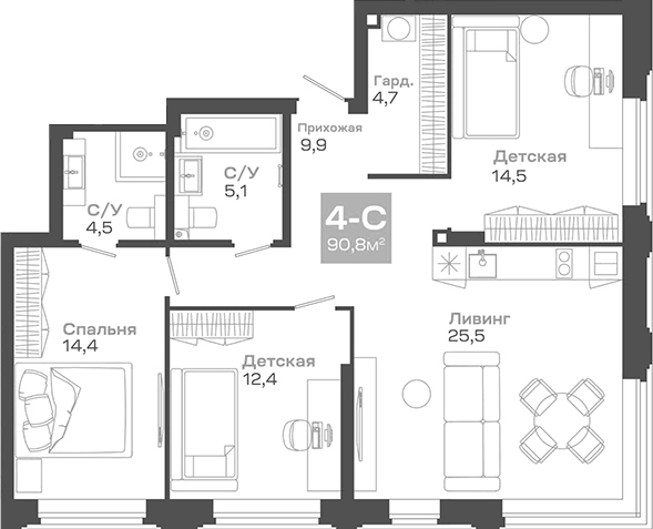 Планировка — Пульсар, 4-комн., 91 м²