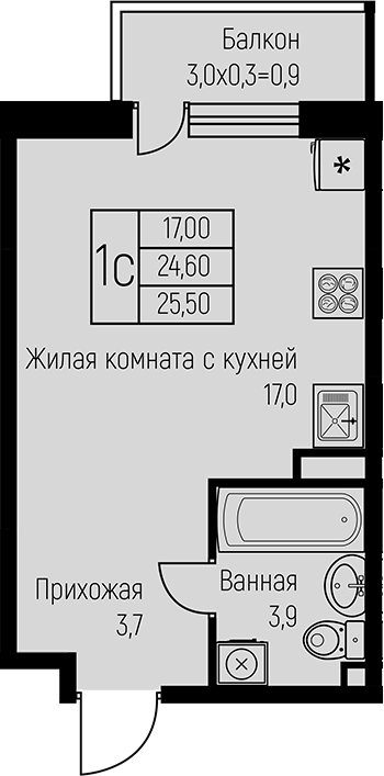 Планировка — Nova Vita, Студия, 25 м²