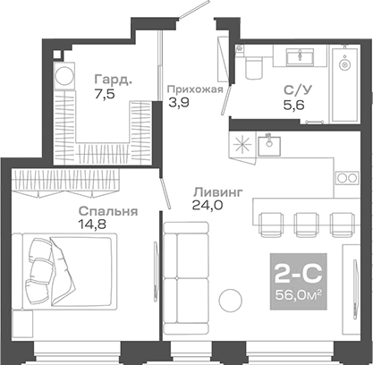 Планировка — Пульсар, 2-комн., 56 м²