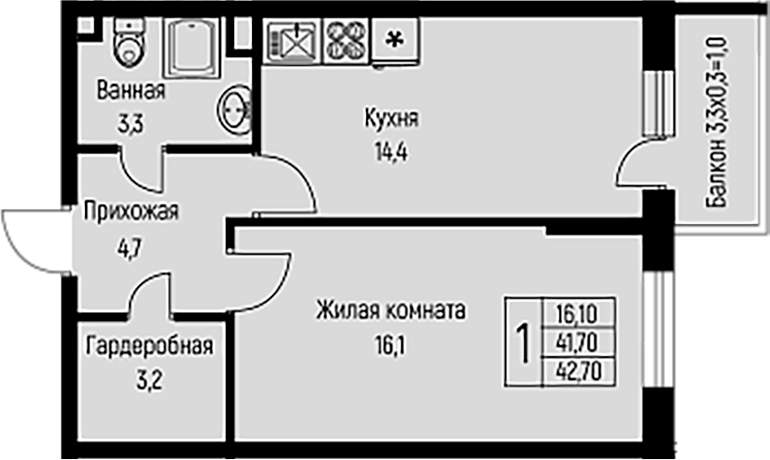 Планировка — Nova Vita, 1-комн., 42 м²