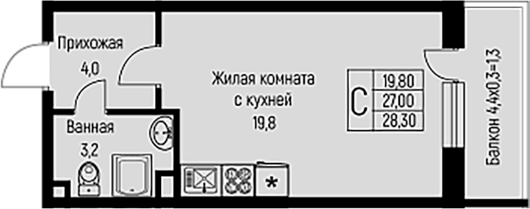 Планировка — Nova Vita, Студия, 27 м²