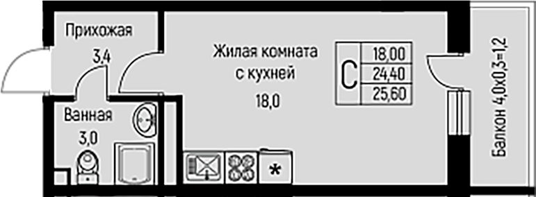 Планировка — Nova Vita, Студия, 24 м²