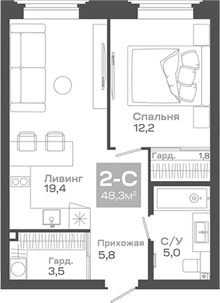 Планировка — Пульсар, 2-комн., 48 м²