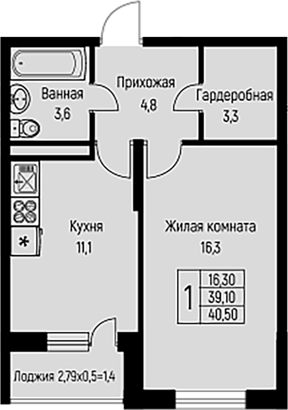 Планировка — Nova Vita, 1-комн., 39 м²