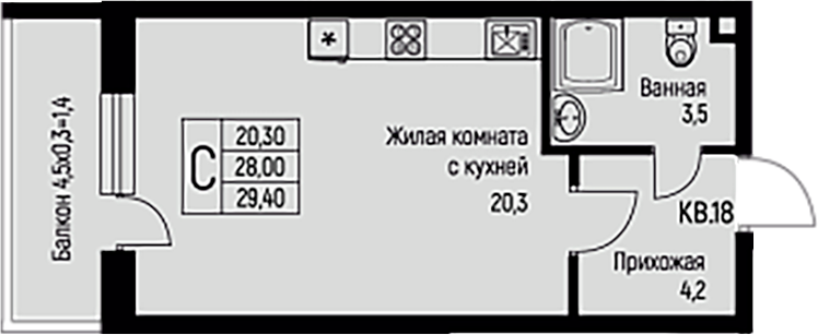 Планировка — Nova Vita, Студия, 28 м²