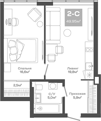 Планировка — Пульсар, 2-комн., 50 м²