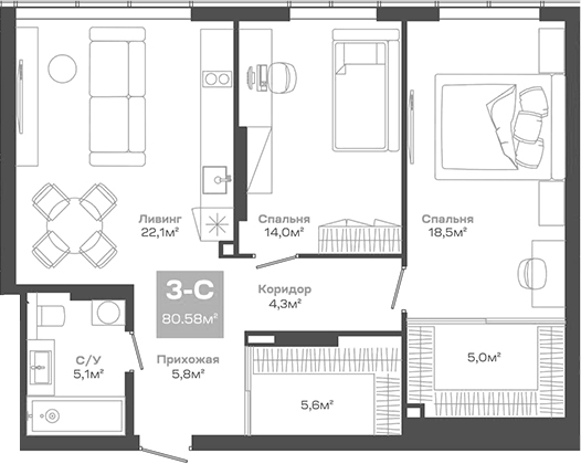 Планировка — Пульсар, 3-комн., 81 м²